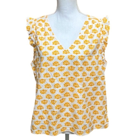 NWT J.Crew Vneck Top white with orange shells and ruffle details sleeveless L - Picture 1 of 11